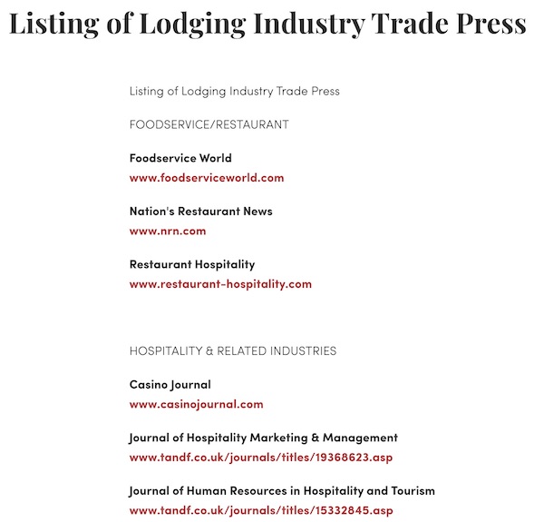 Listing of Lodging Industry Trade Press